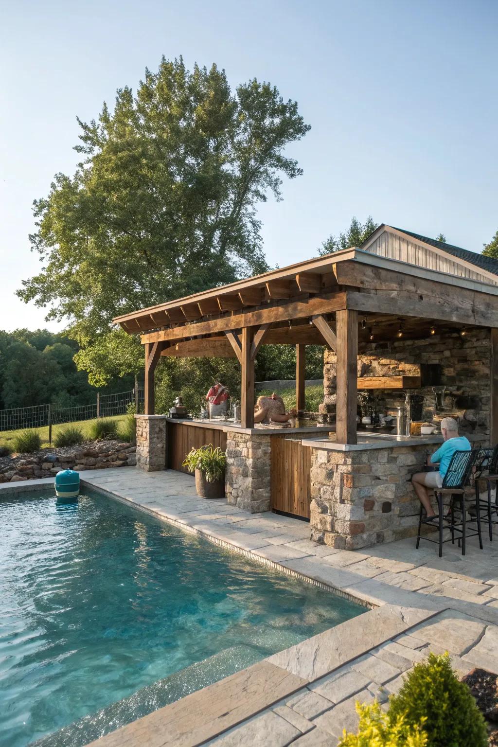 A swim-up bar with rustic charm, perfect for cozy gatherings.