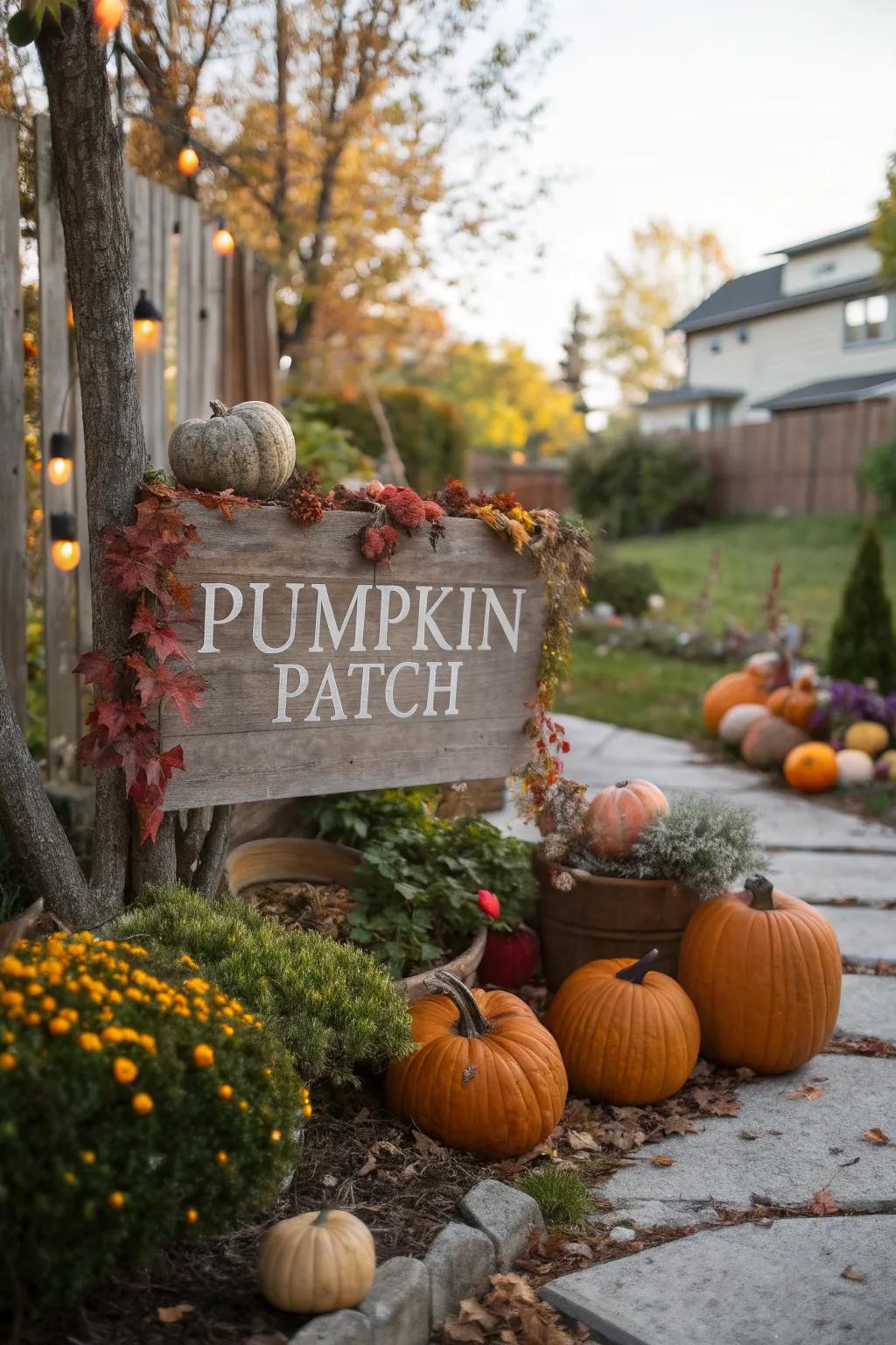 Rustic signage enhances the welcoming feel of your pumpkin patch.