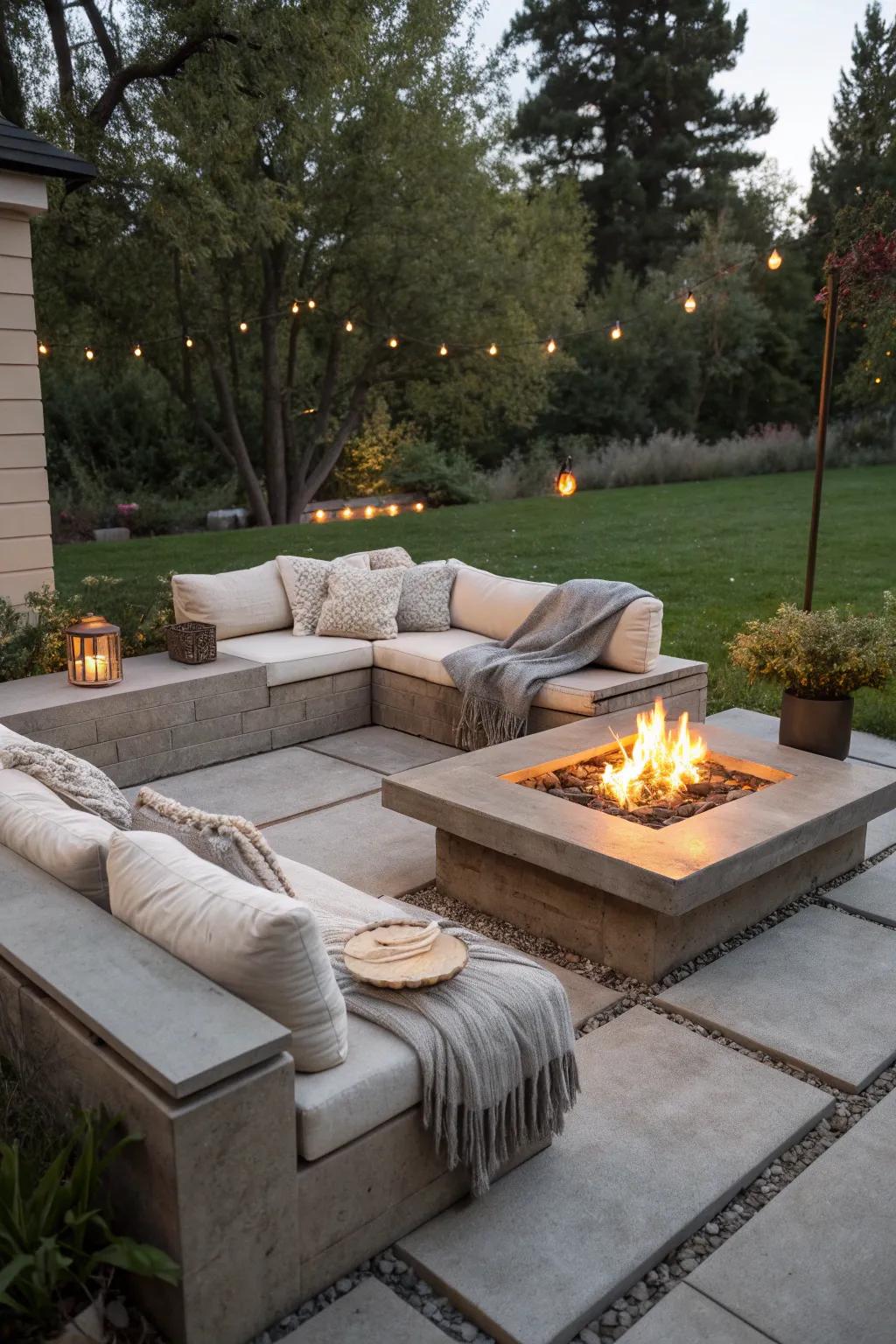 A fire pit as the focal point of a cozy patio.