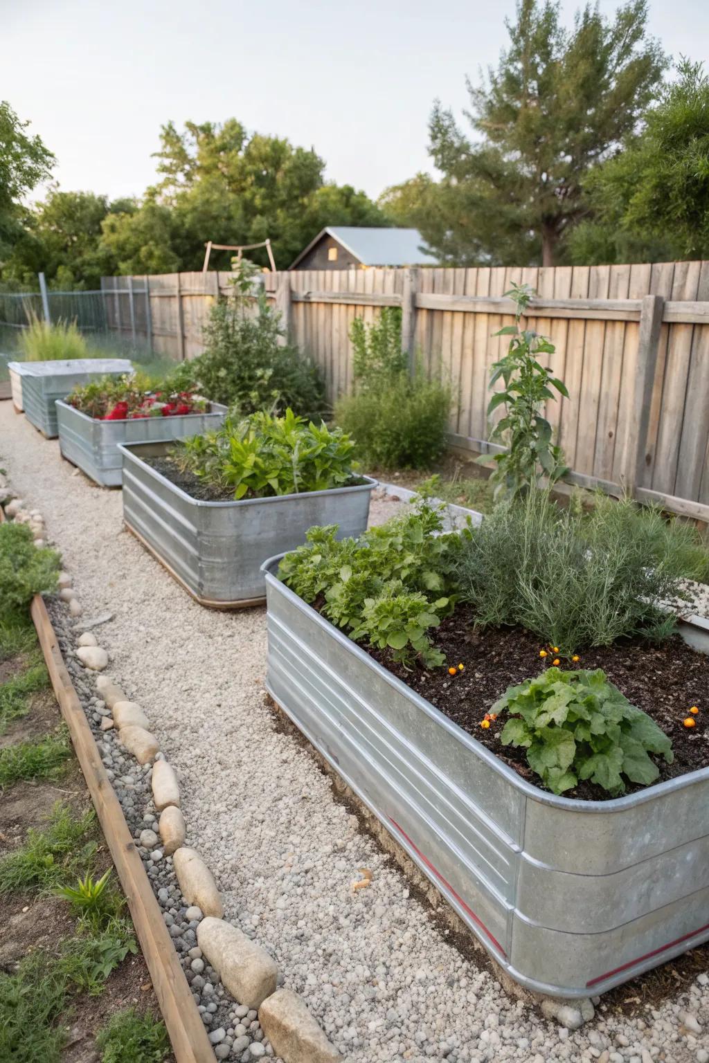Galvanized troughs offer a sleek, modern touch to your garden.
