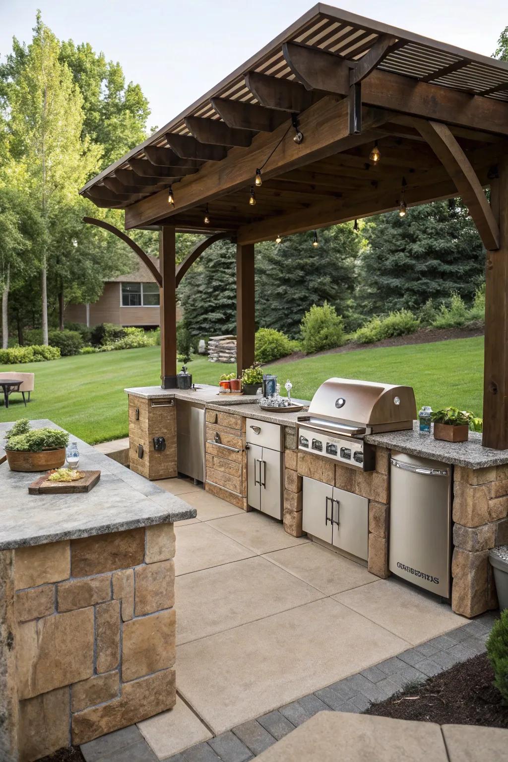 A fully-equipped outdoor kitchen under a ramada.