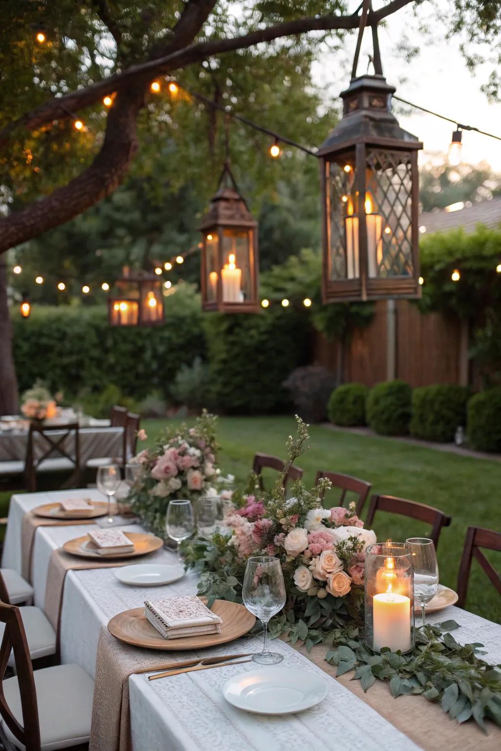 Lanterns and candles create a cozy and elegant glow.