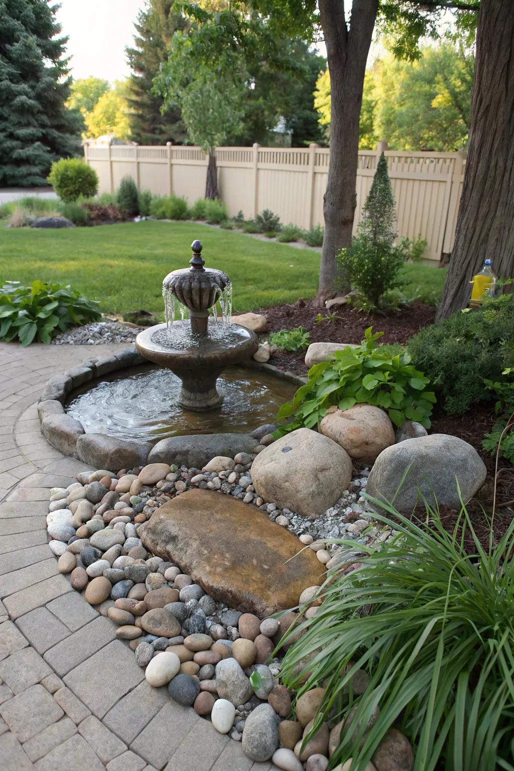 A small fountain adds a soothing soundtrack to your backyard.