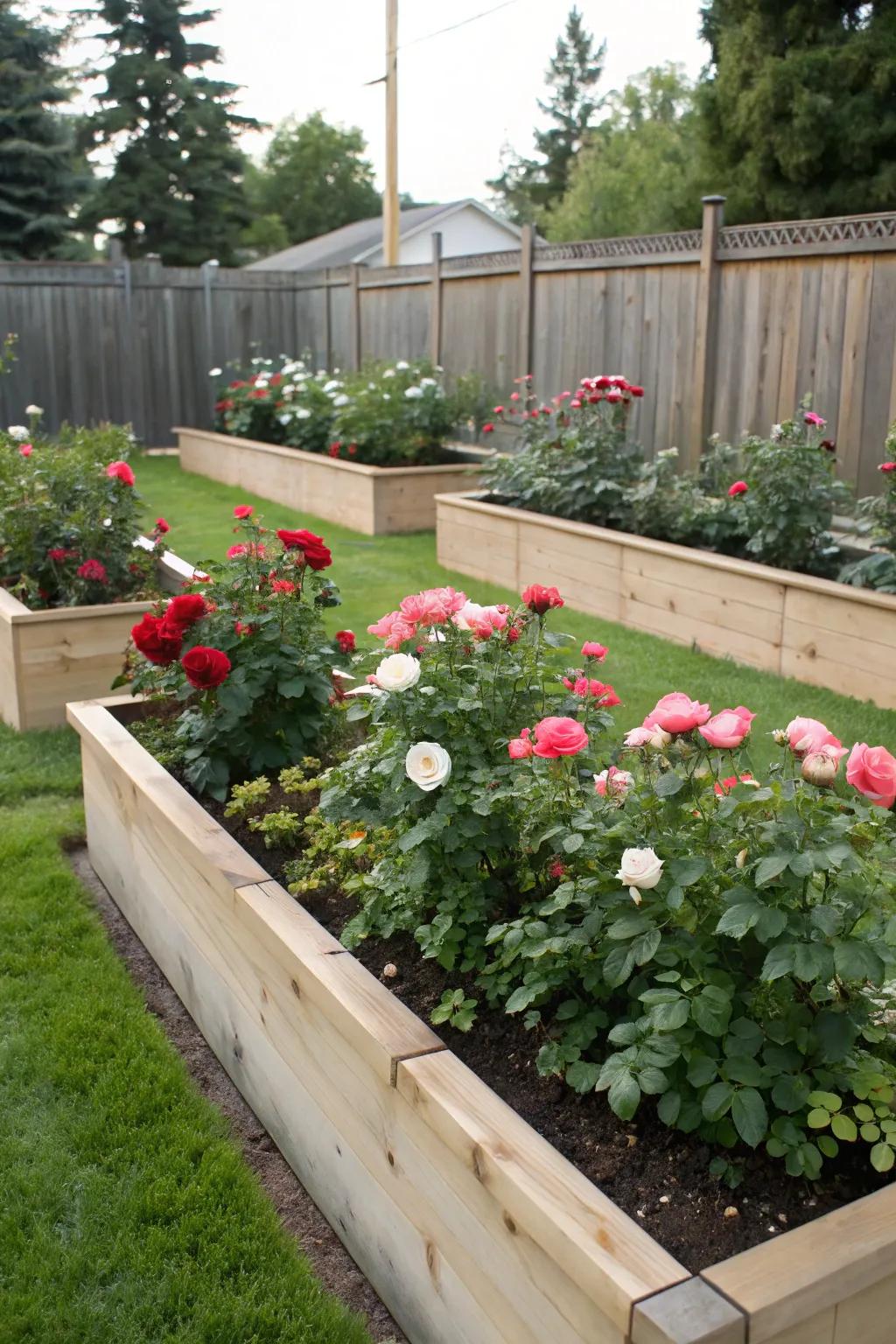 Raised garden beds elevate the beauty of roses, making them easier to care for.