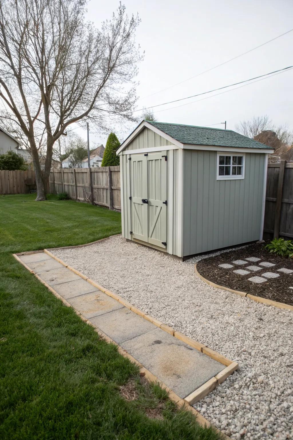 A stable shed on a level gravel foundation.