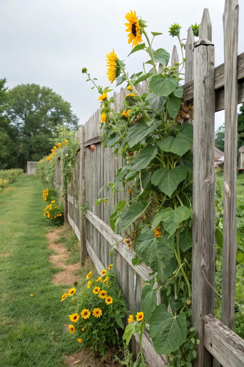 Sunflowers transforming a simple fence into a work of art.