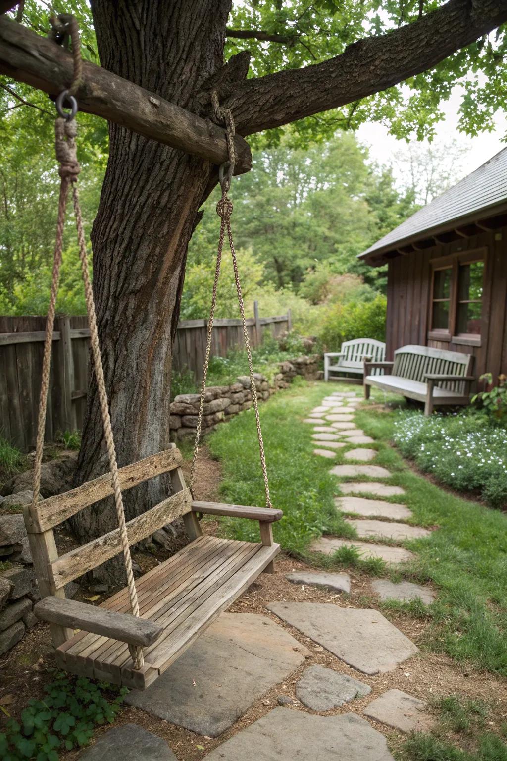 A rustic wooden swing that harmonizes with nature.