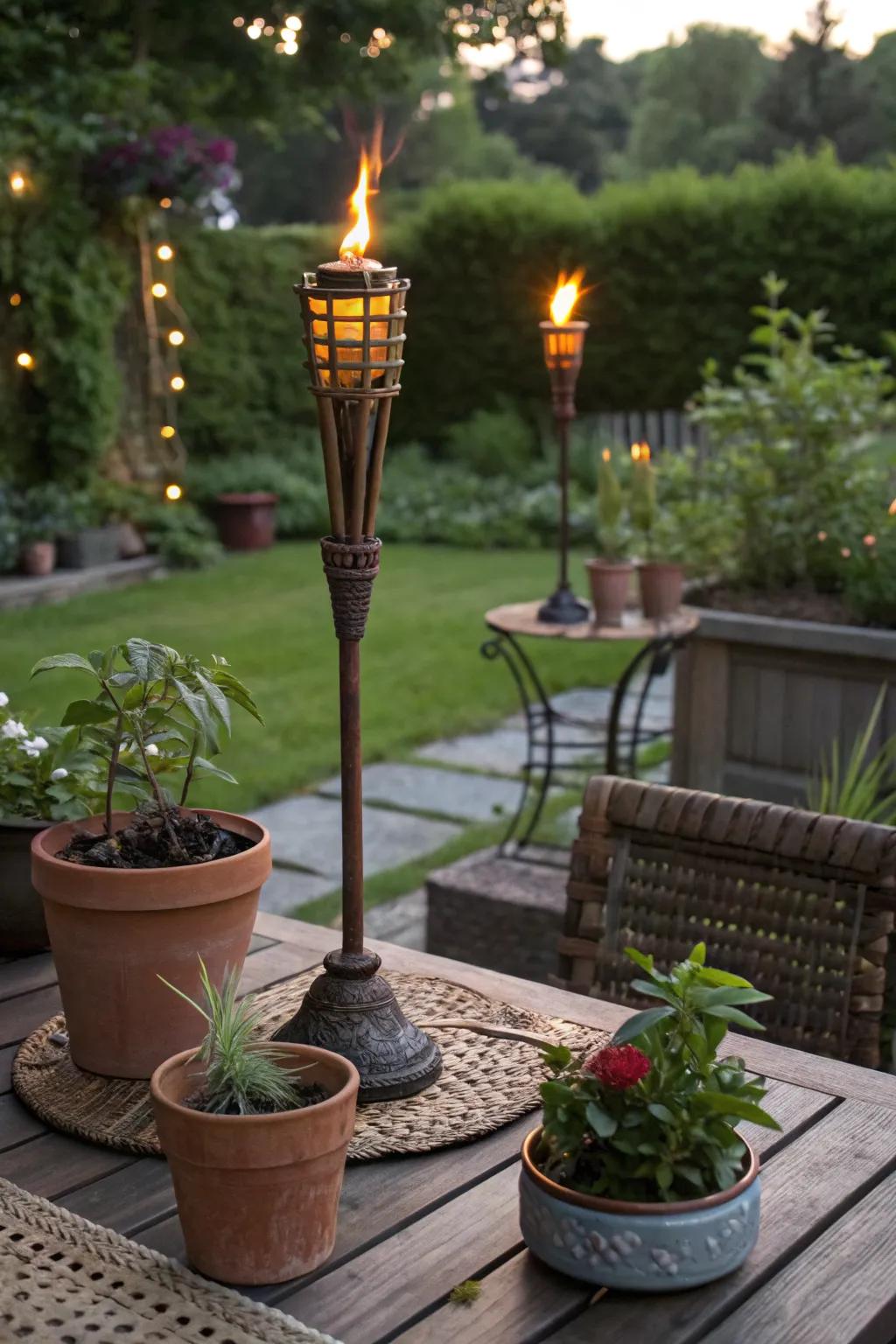 Tabletop torches bring rustic charm to any outdoor gathering.