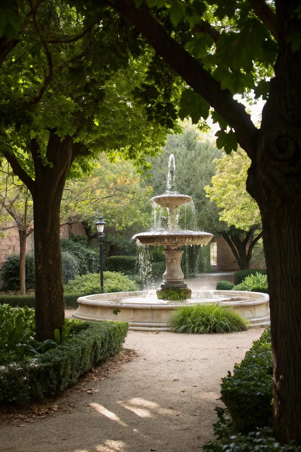 Trees framing a garden feature create a focal point.