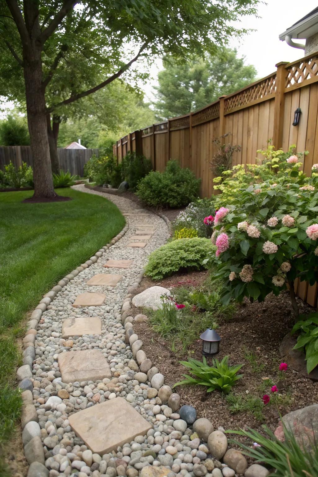 Pebble borders provide a neat finish and visual interest to garden paths.