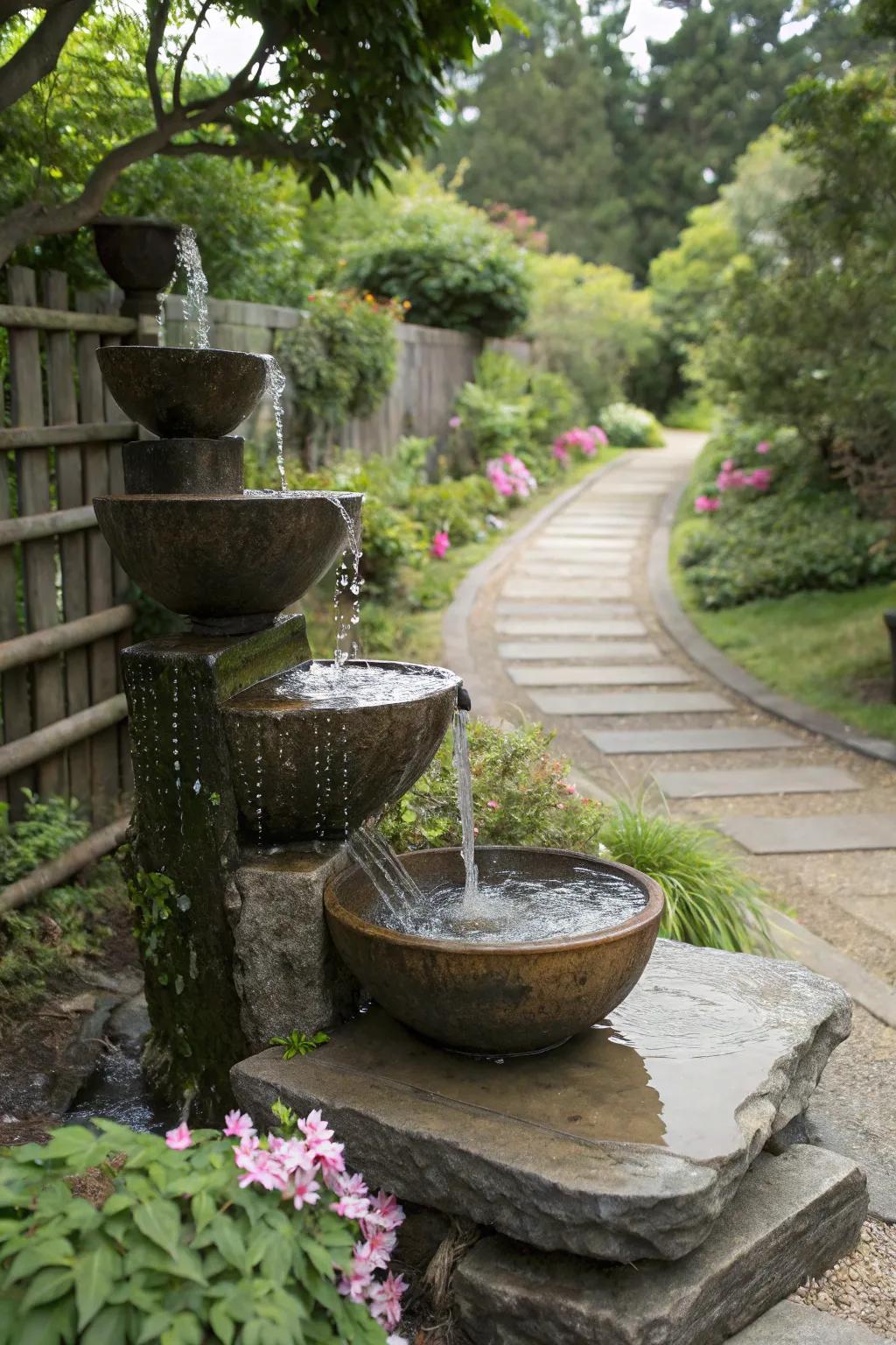 Tiered bowls offer a charming and customizable waterfall design.