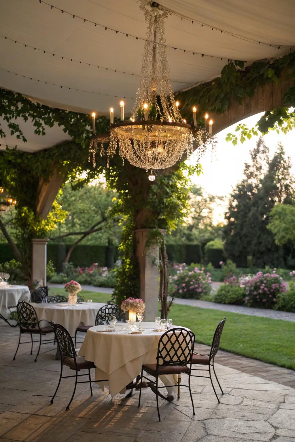 Outdoor chandeliers add sophistication and style to backyard dining areas.