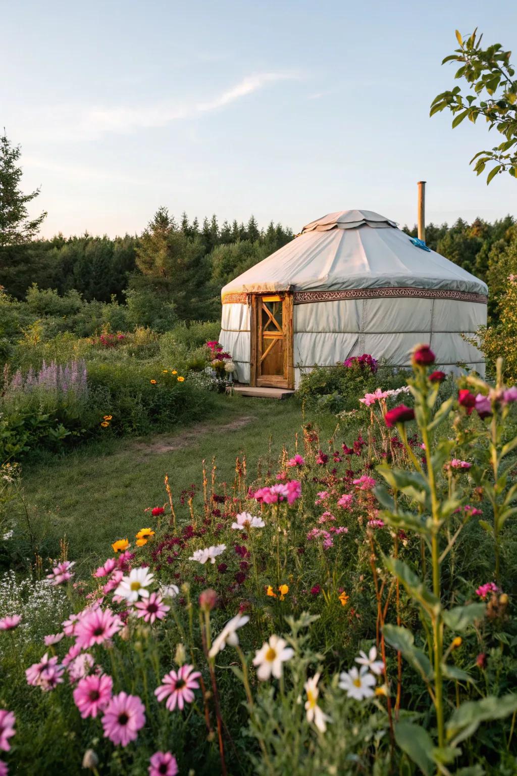 A yurt harmoniously integrated with surrounding greenery.