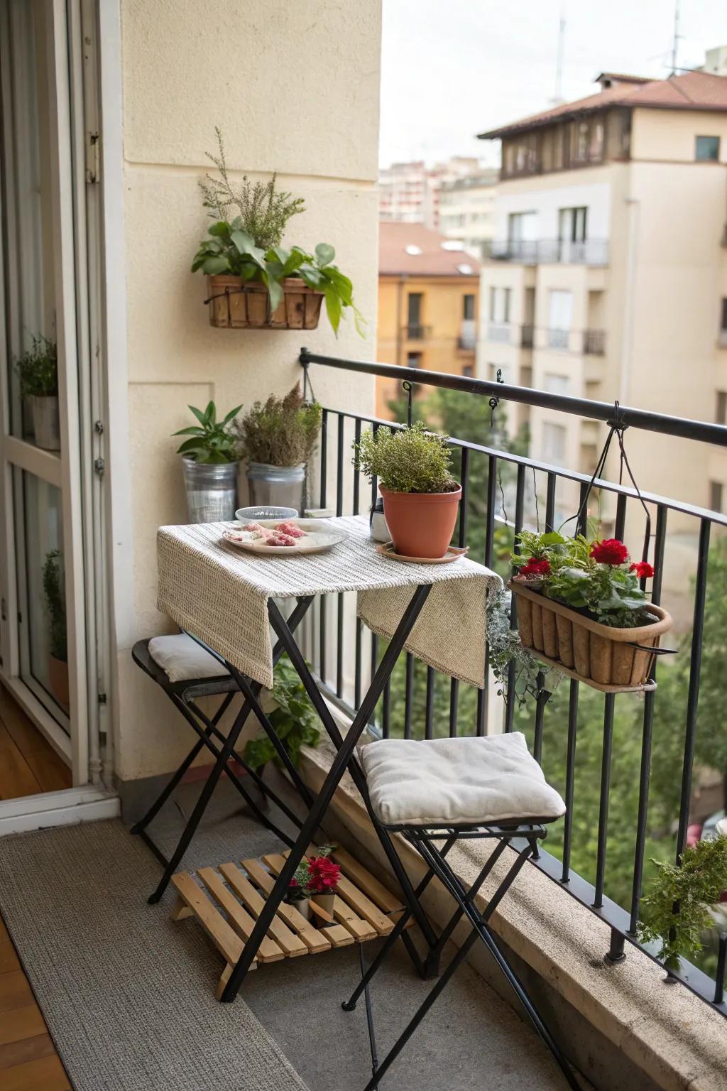 Compact furniture fits perfectly on a small balcony.
