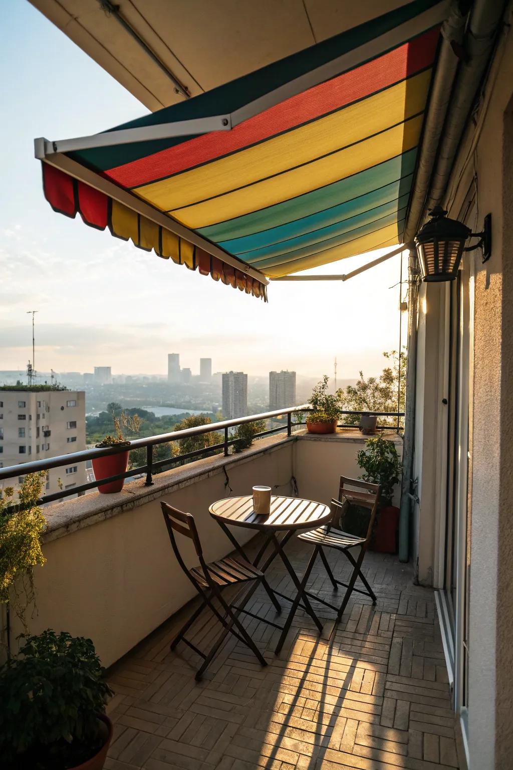Balcony with a flexible movable awning and charming dining set.