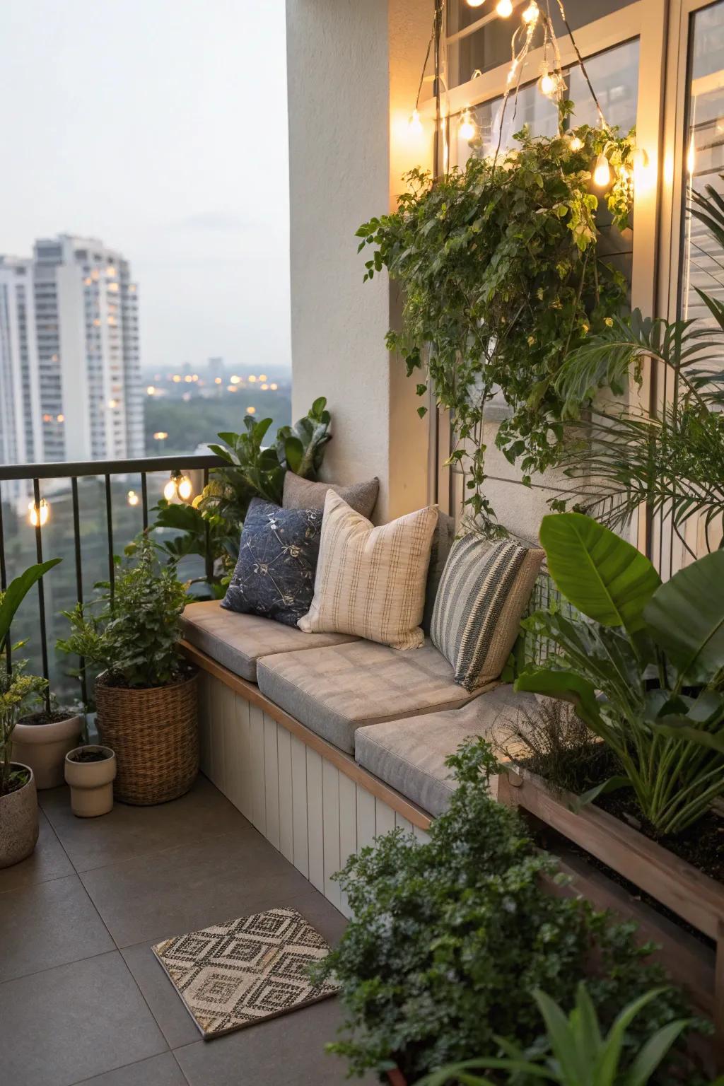 A peaceful seating nook surrounded by greenery.