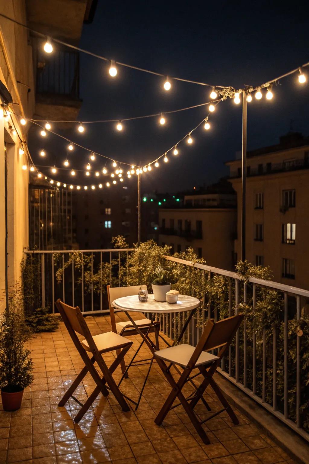 String lights add a touch of magic to any balcony setting.