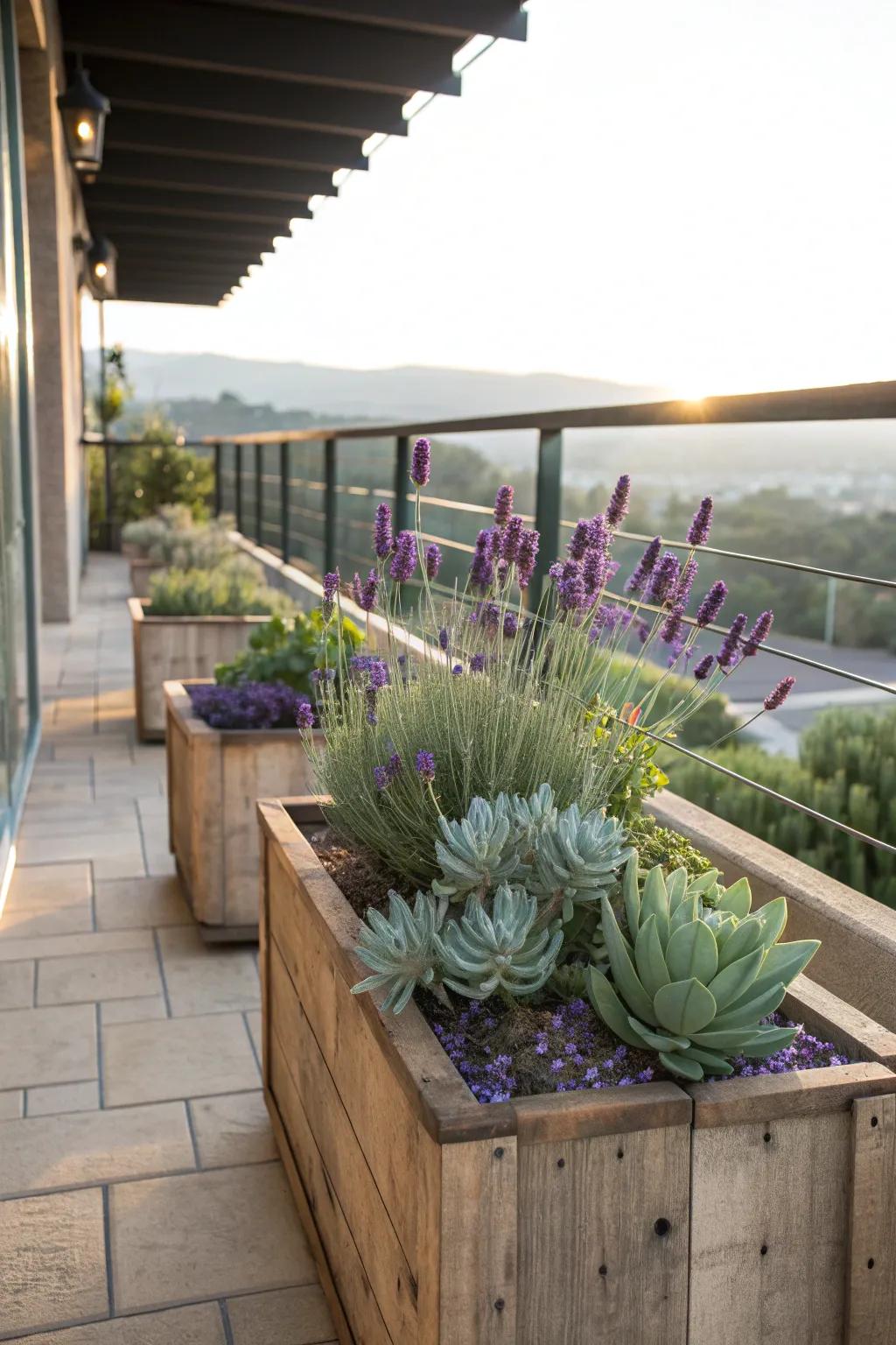 Rustic wooden planters bring a natural charm to balconies.