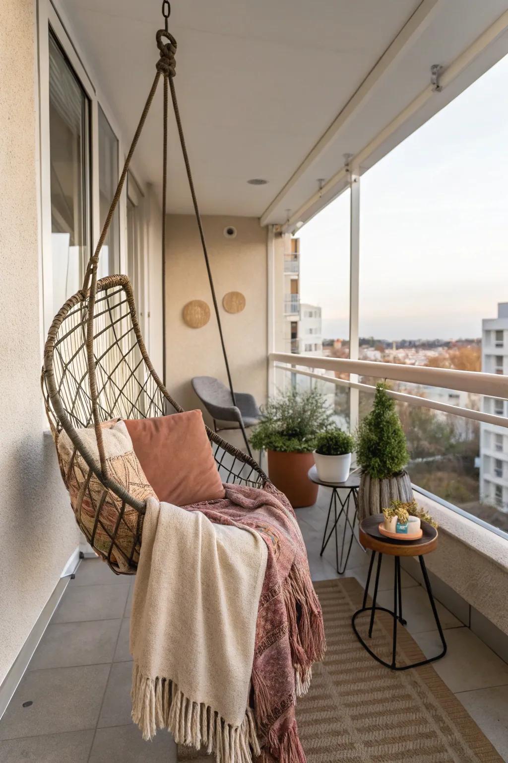 Swing chairs bring a playful vibe to balconies.