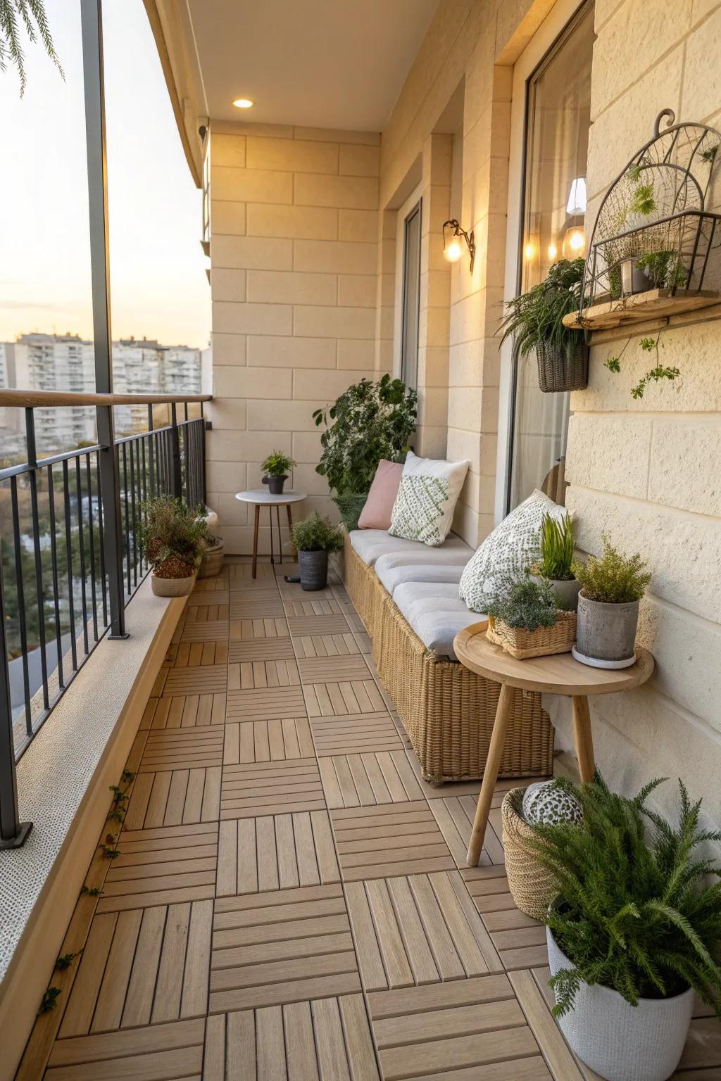 Wooden tiles offer a cozy and inviting atmosphere for your balcony.