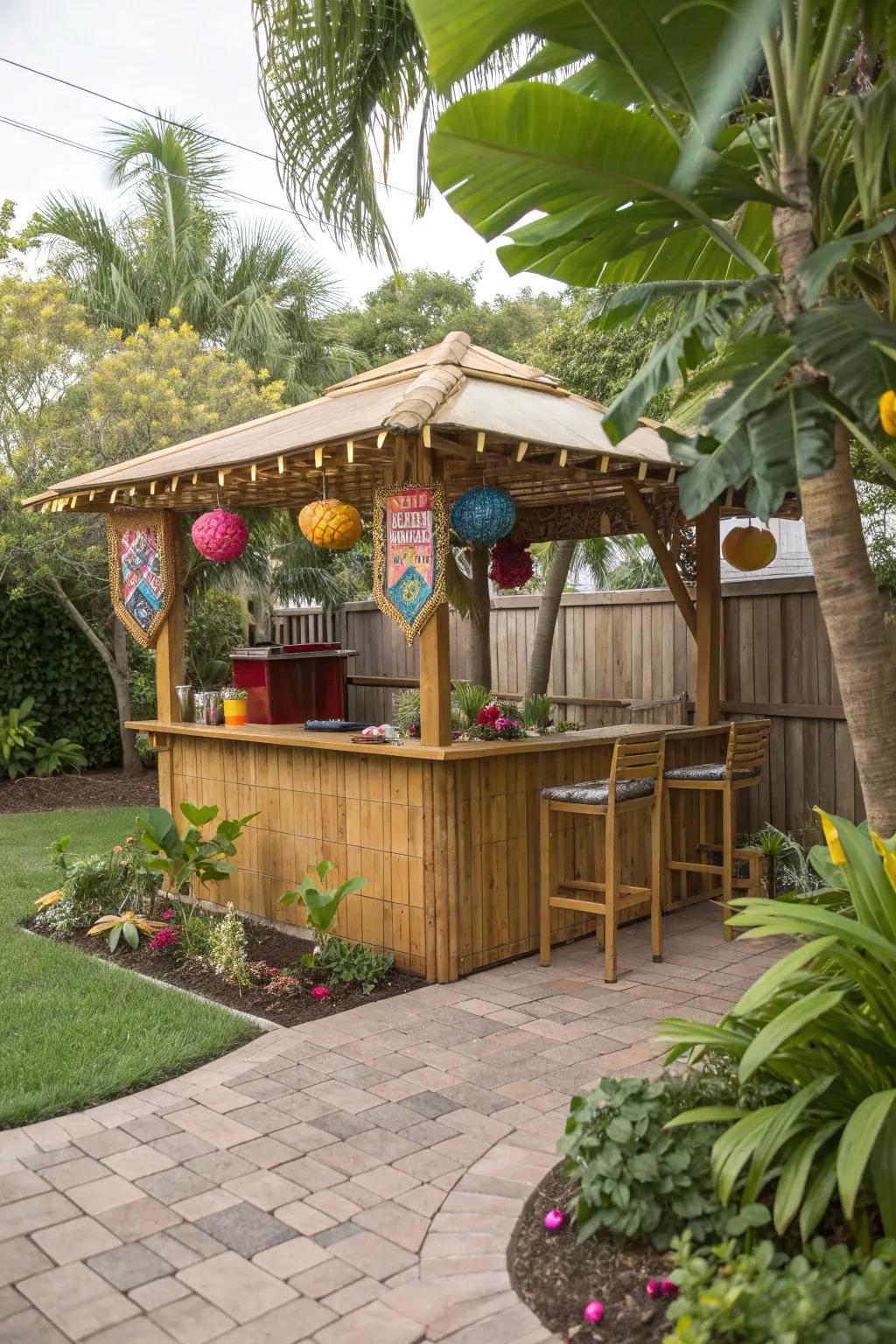 A tropical tiki bar gazebo perfect for an exotic vibe.