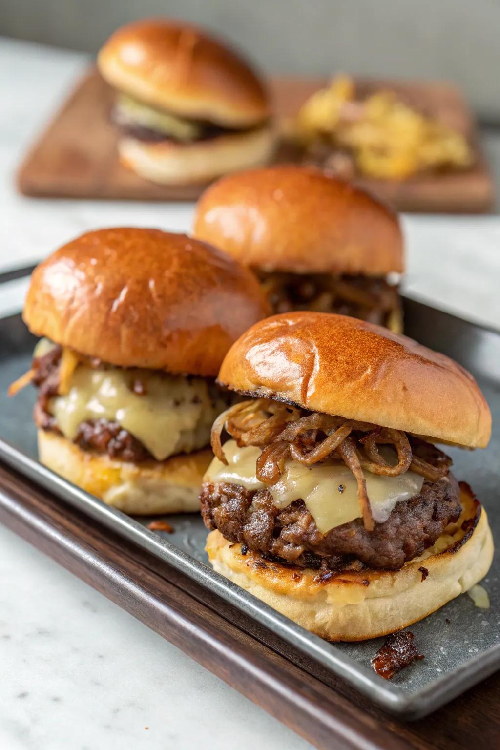 Mini beef sliders topped with sweet caramelized onions, perfect for a party.
