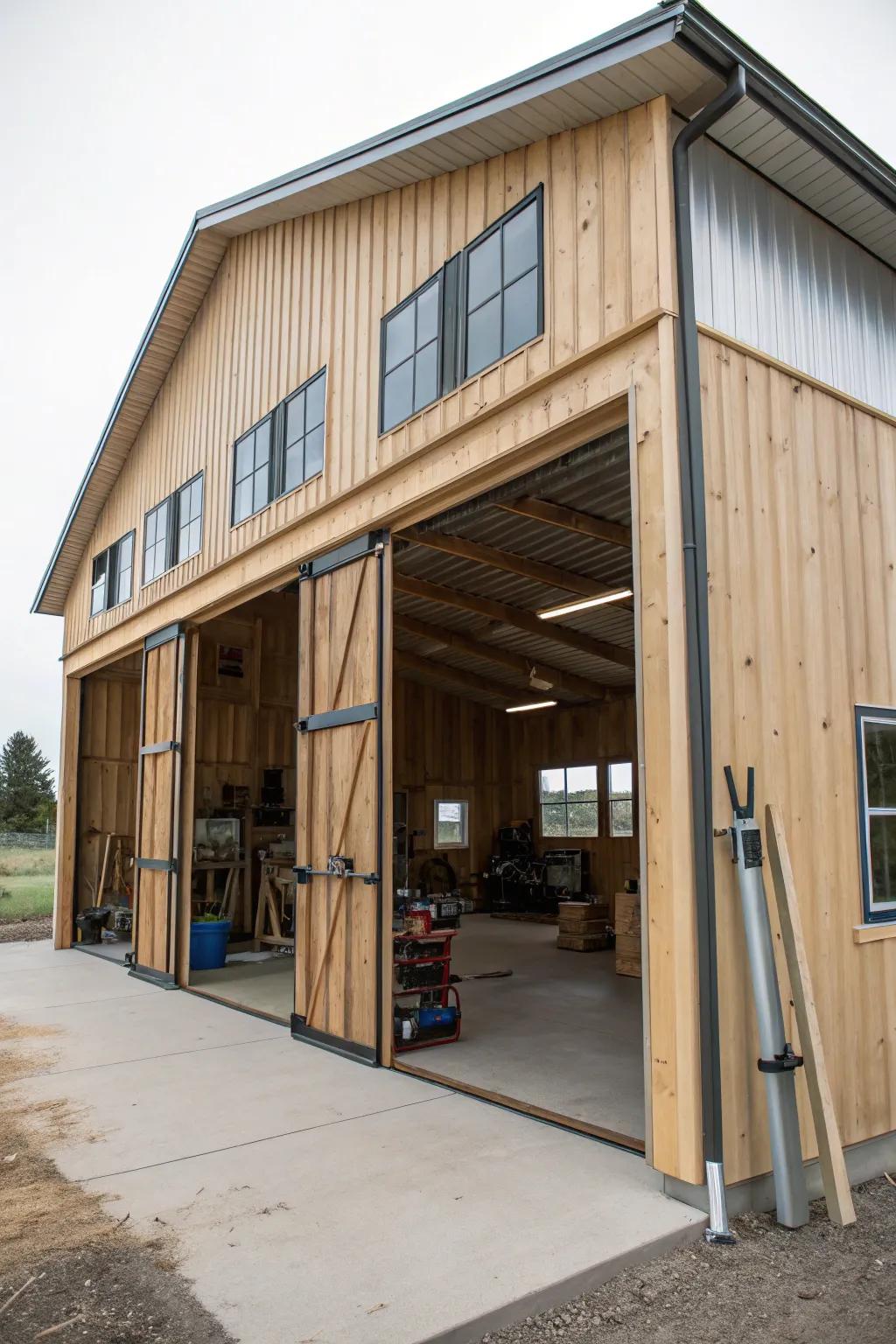Pole barn addition for enhanced storage and workspace.