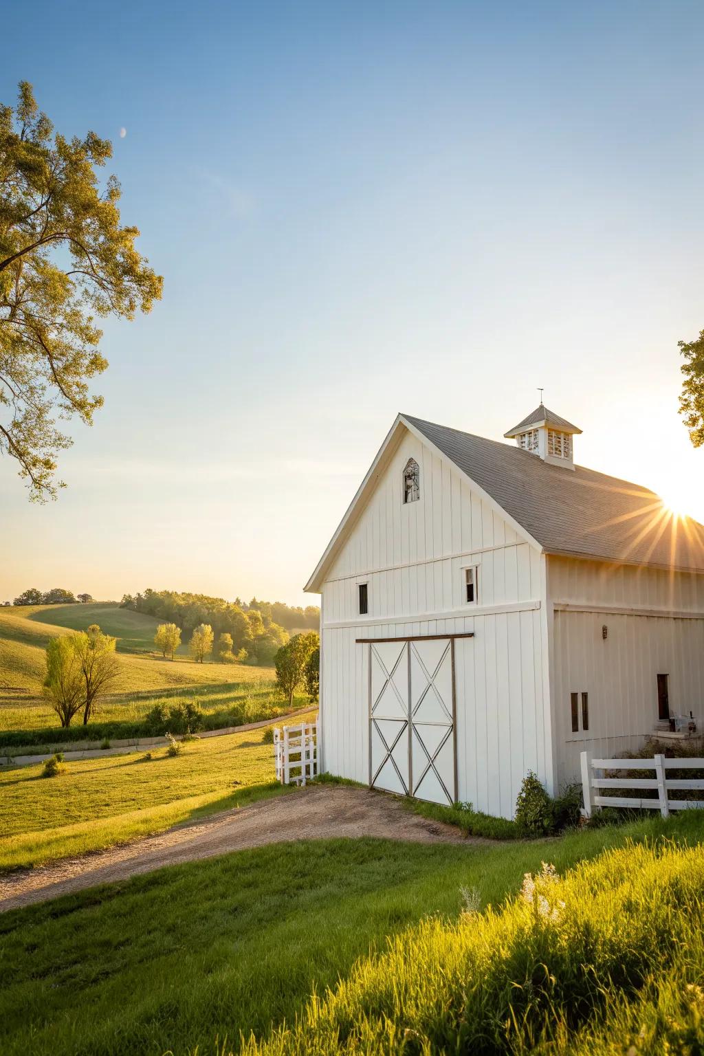 A bright white barn shining under the sun.