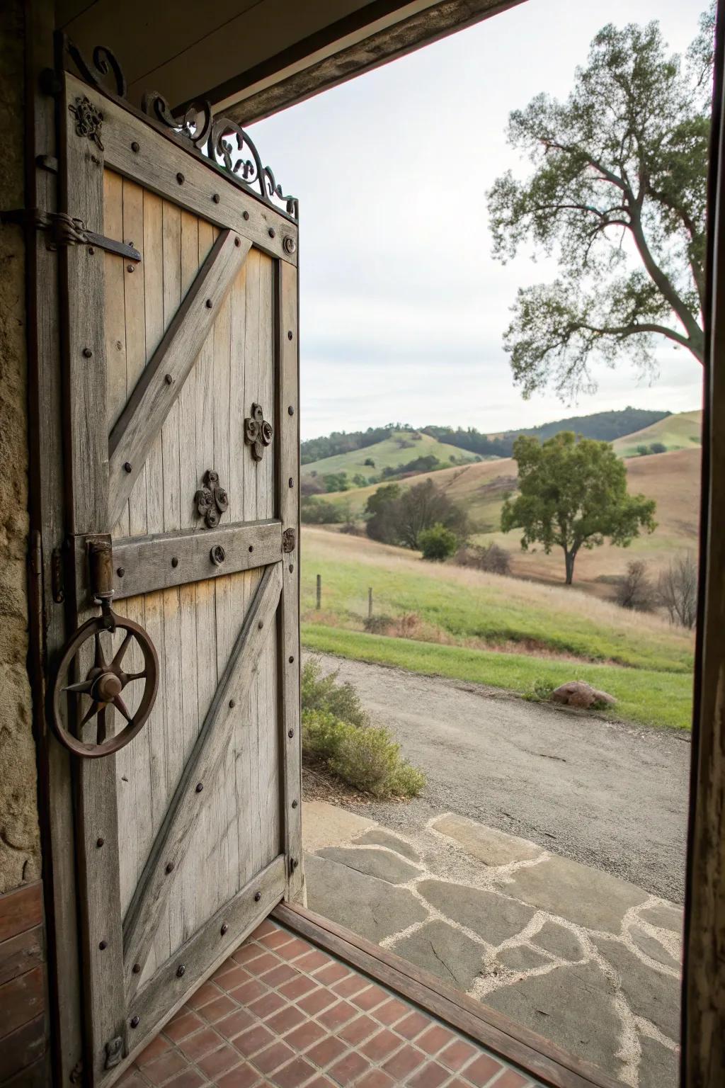 Rustic metal accents provide a bold industrial touch to barn doors.