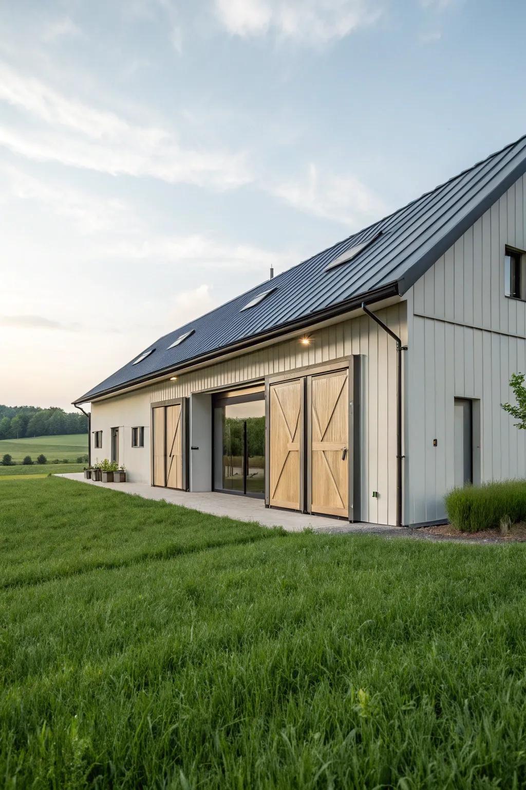 Modern barn with sleek box gutters for efficient water management.
