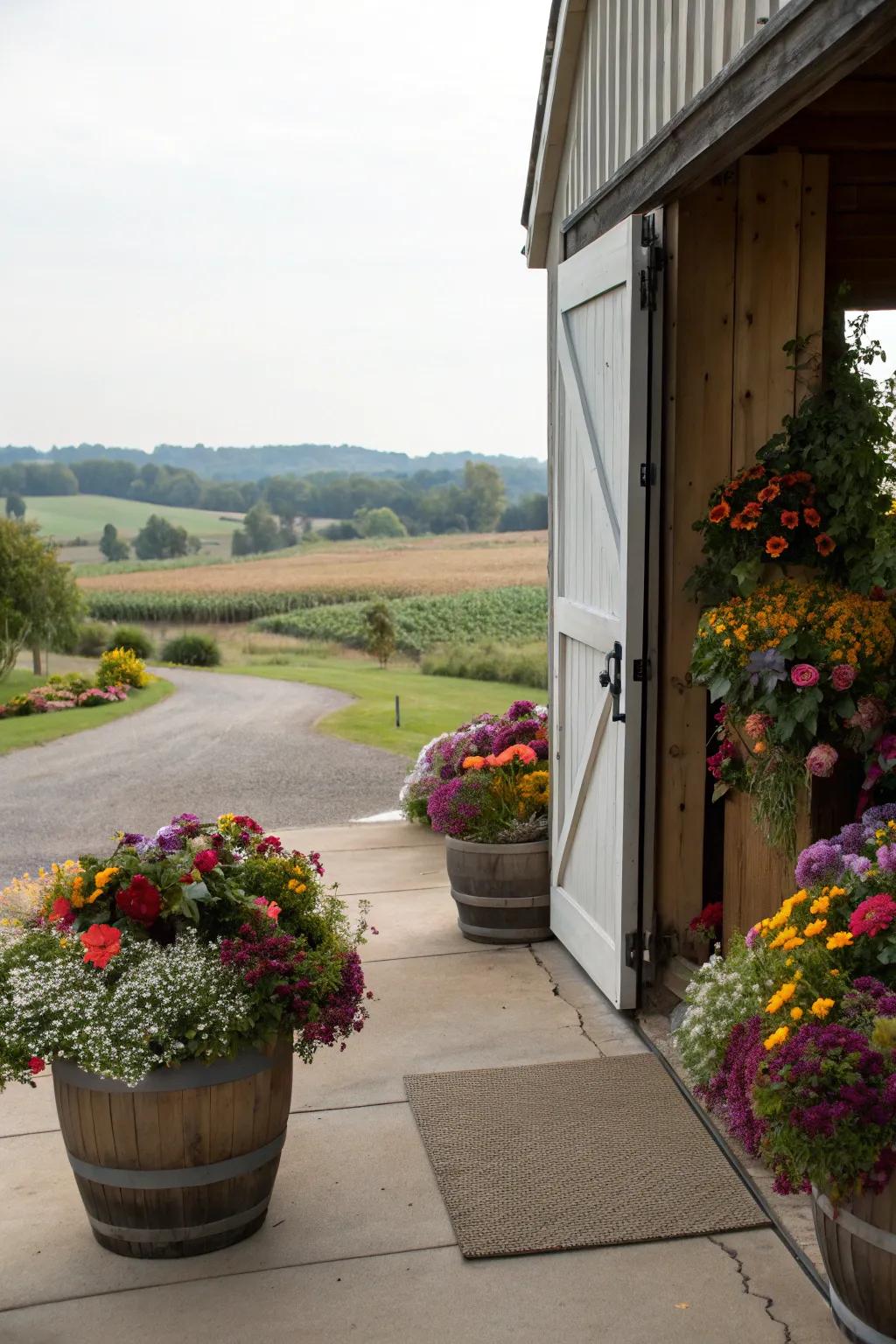 Potted planters bring a splash of color to barn entries.