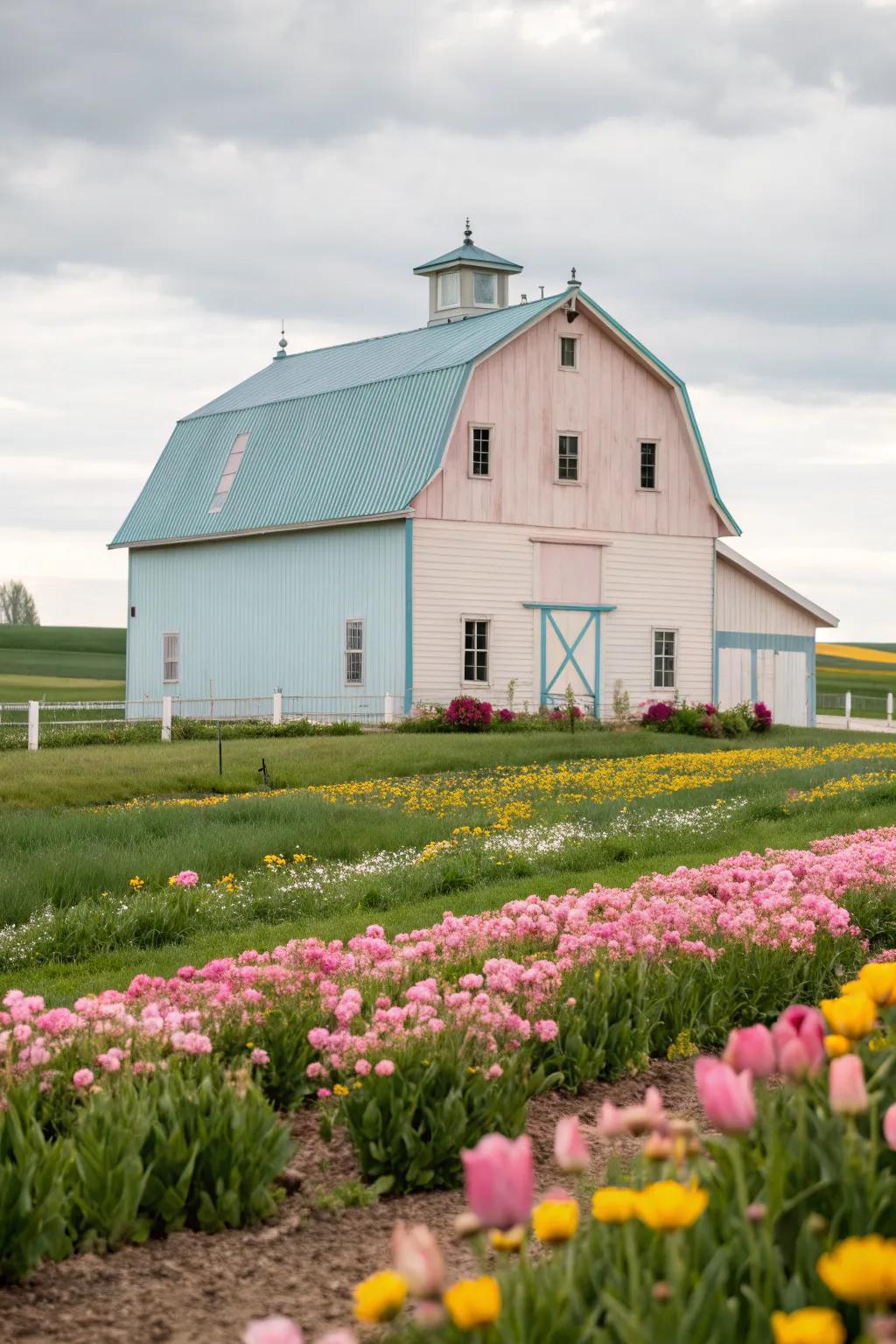 A pastel-colored barn surrounded by vibrant spring blooms, creating a refreshing scene.
