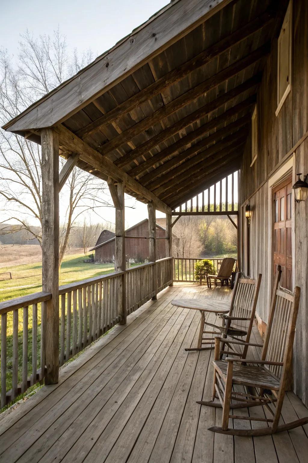 A barn porch with a covered roof, providing shelter and comfort in all seasons.