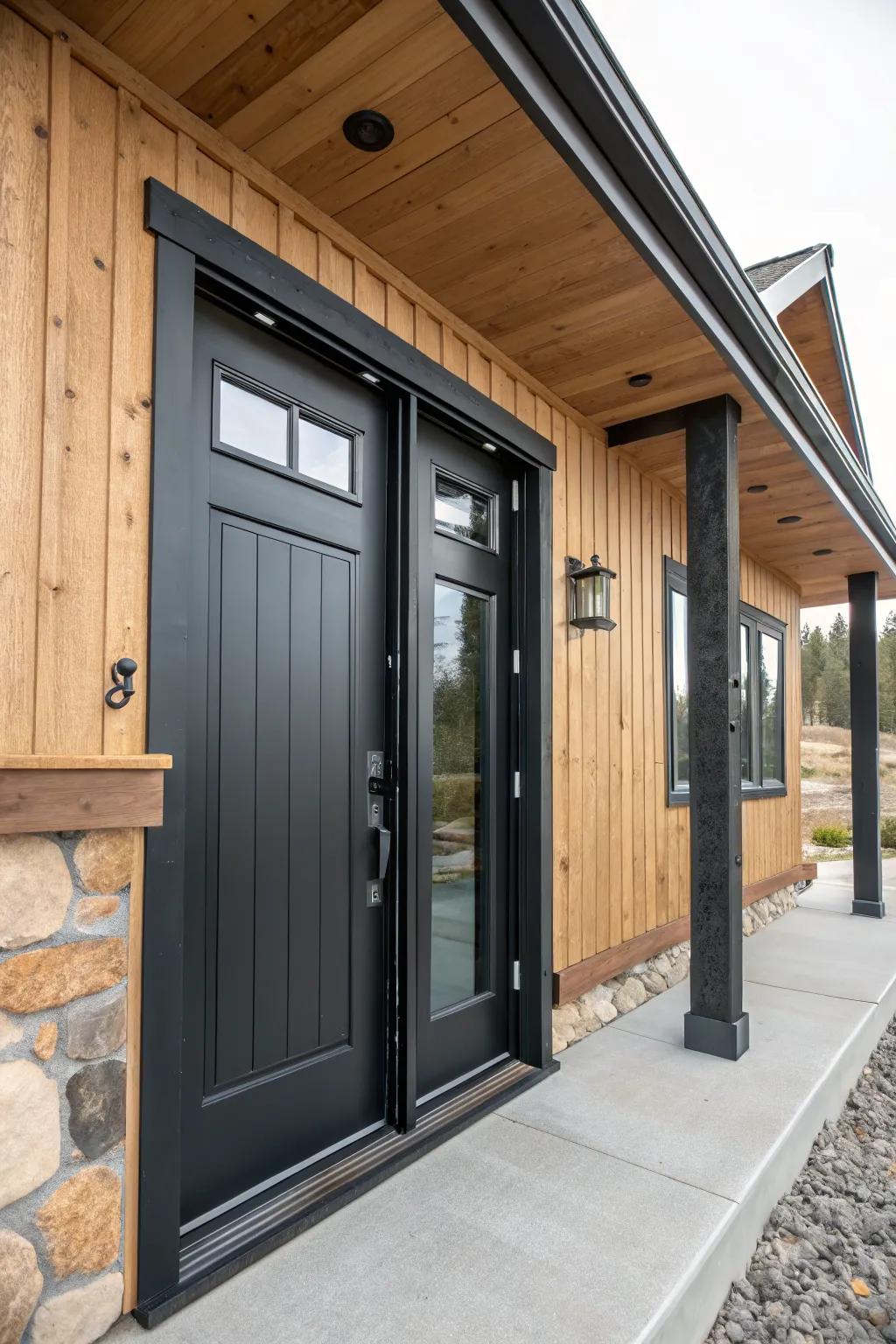 Modern barndominium door with bold black accents.