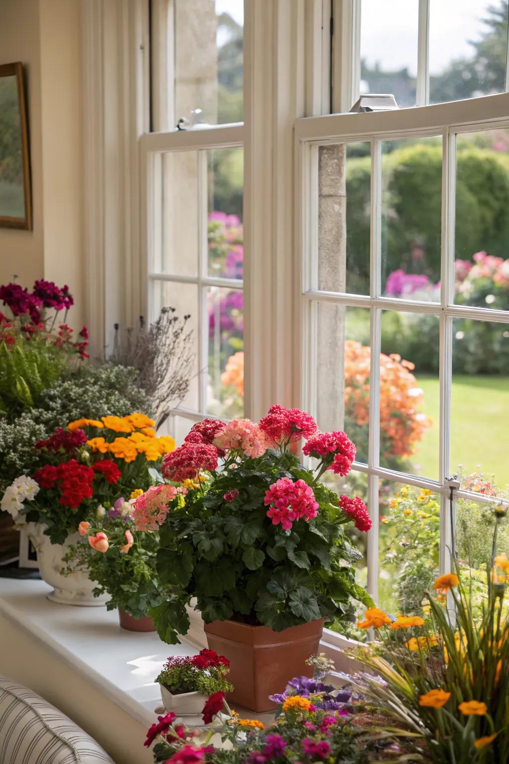 Seasonal flowers ensure year-round vibrancy for bay windows.