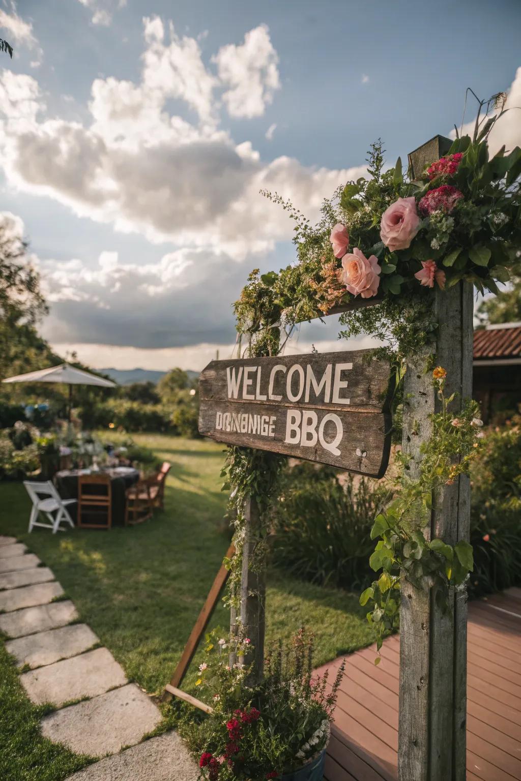 Create an inviting atmosphere with a welcoming backyard sign.