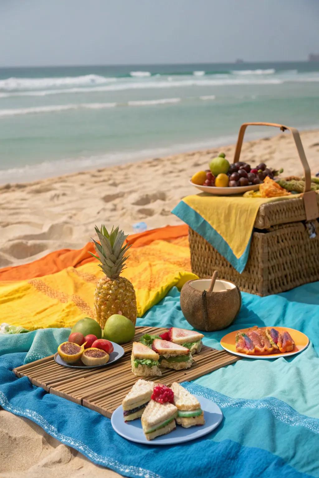 A relaxing beach picnic setup with inviting colors and tasty treats.