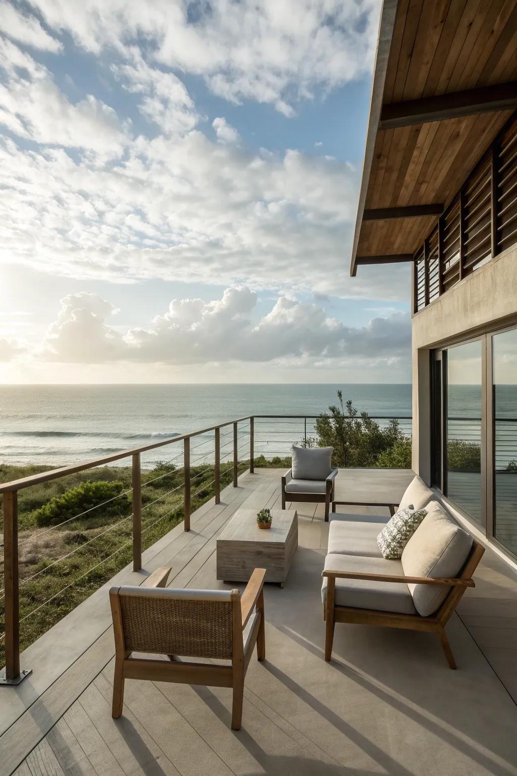 A breathtaking ocean view from a beach house patio designed with low-profile furniture.