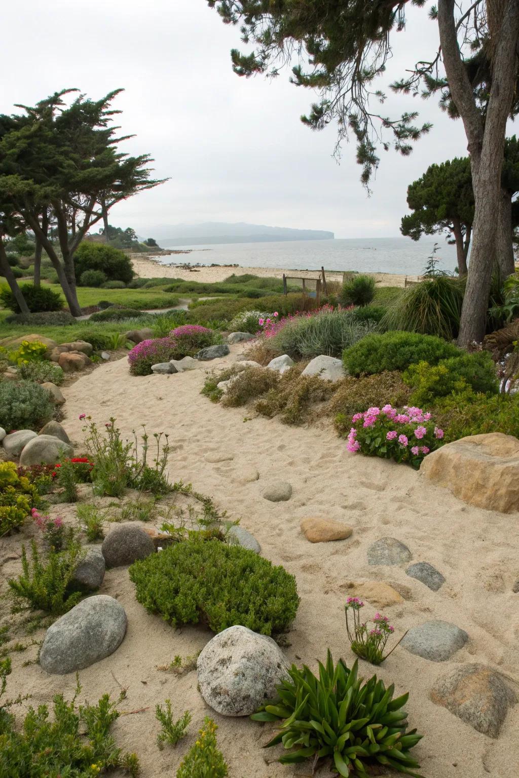 Bring the beach to your garden with natural elements like sand and rocks.