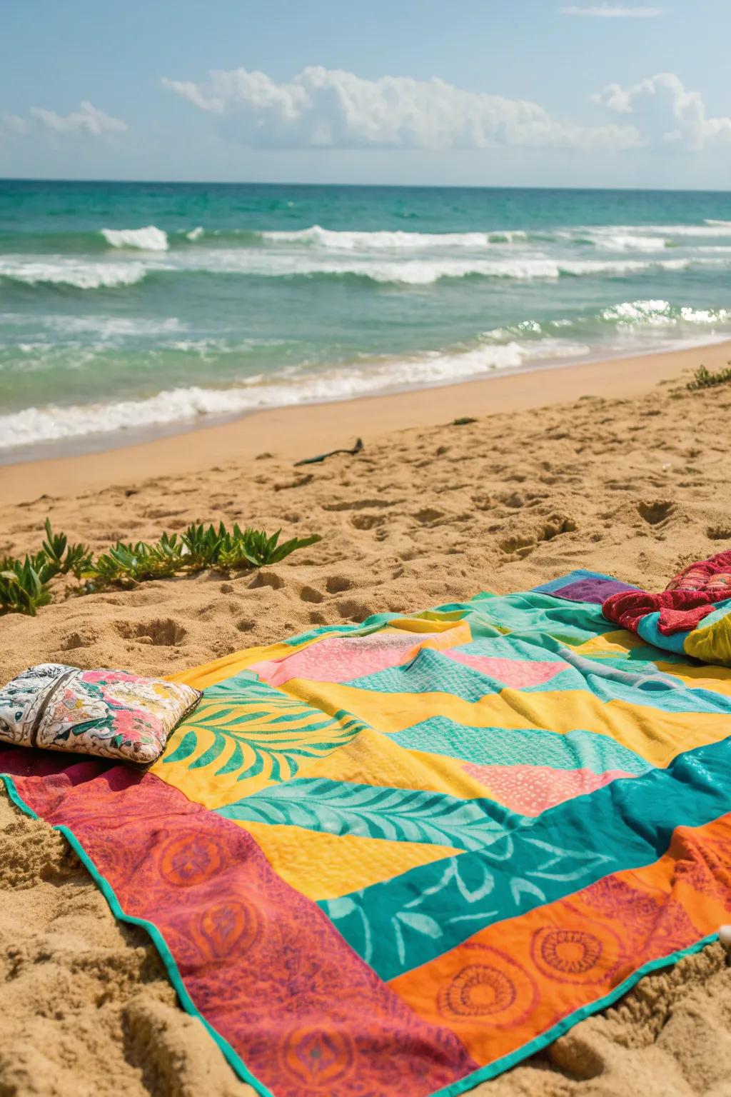 A colorful picnic blanket adds charm to this beach outing.