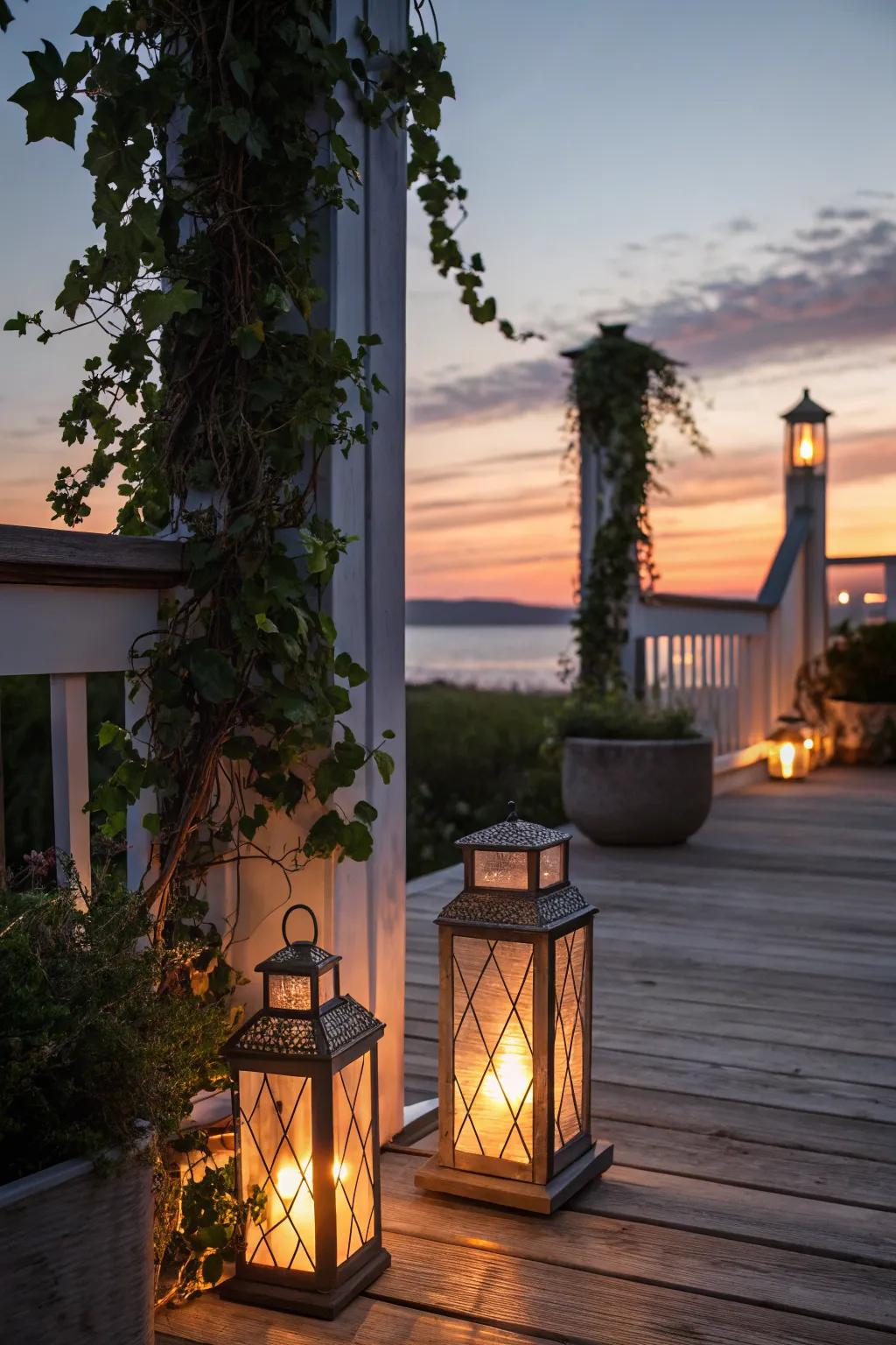 Lanterns add a warm glow reminiscent of seaside evenings.