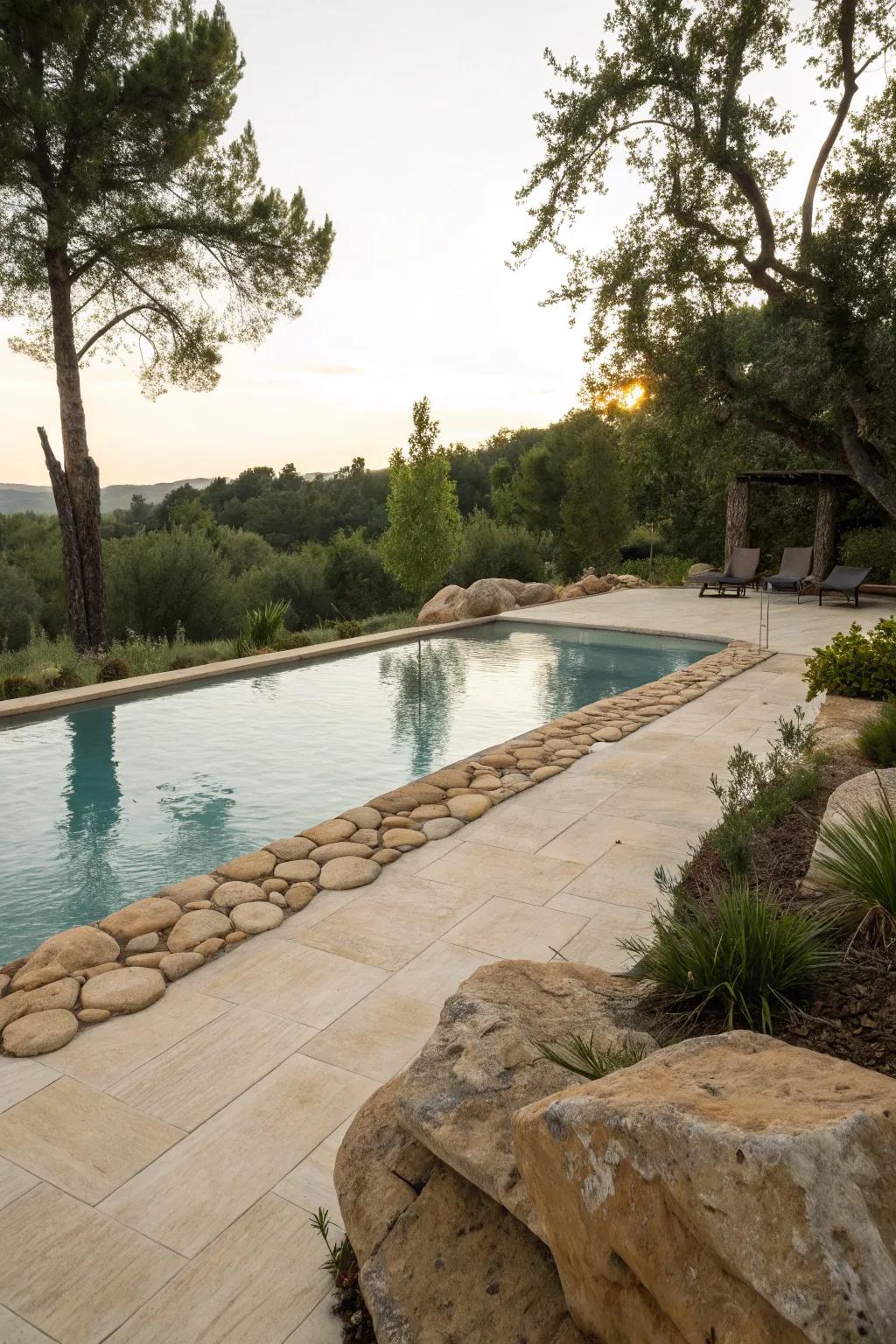 Sand-colored surfaces enhance the beach feel of the pool area