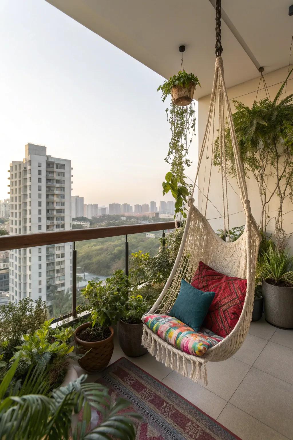 A hammock chair adds a playful and relaxing touch to any balcony.