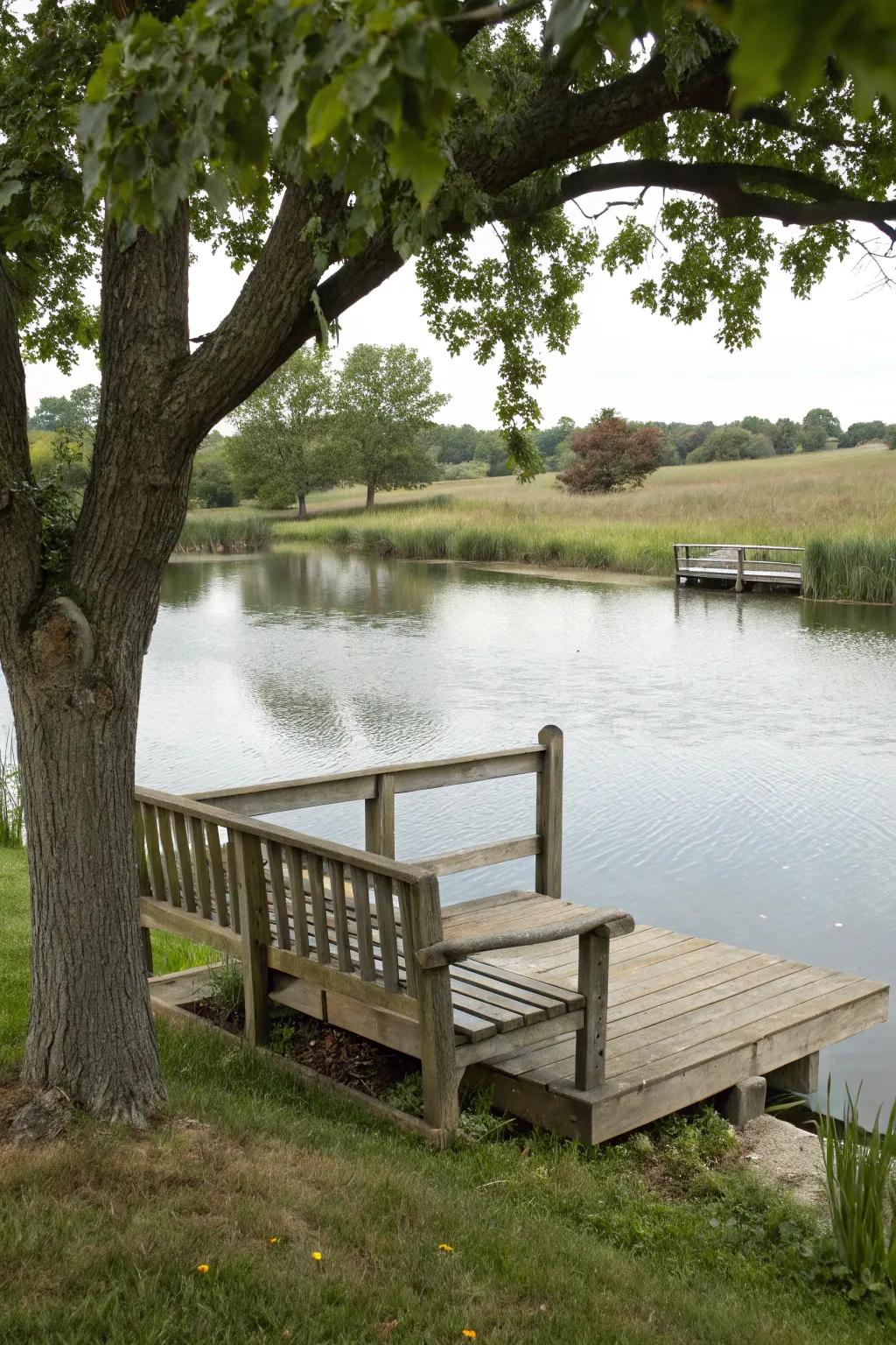 A cozy relaxation spot by the farm pond, perfect for unwinding.