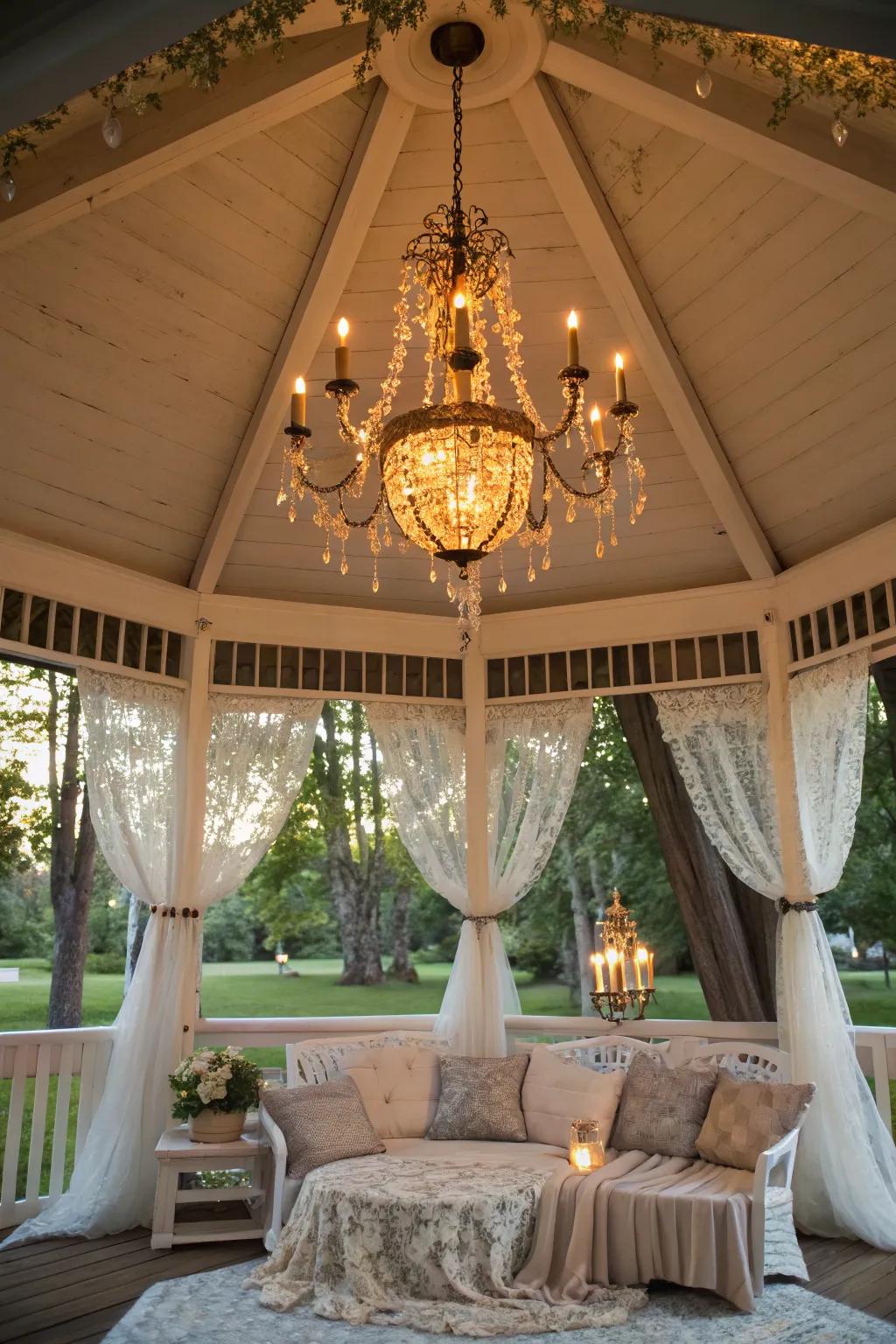 A chandelier adds a touch of elegance to this gazebo.