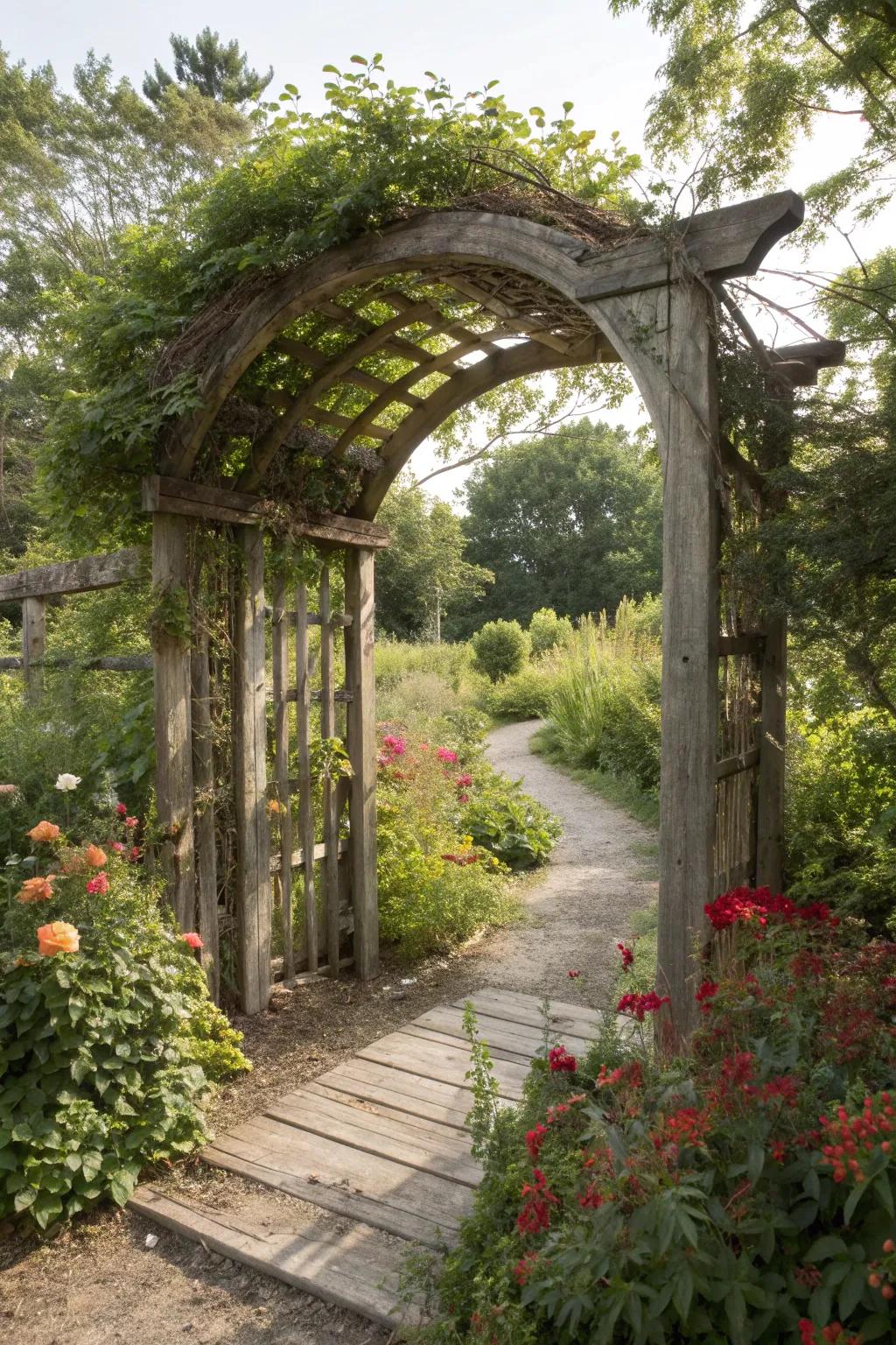 A wooden arch adds rustic charm and character