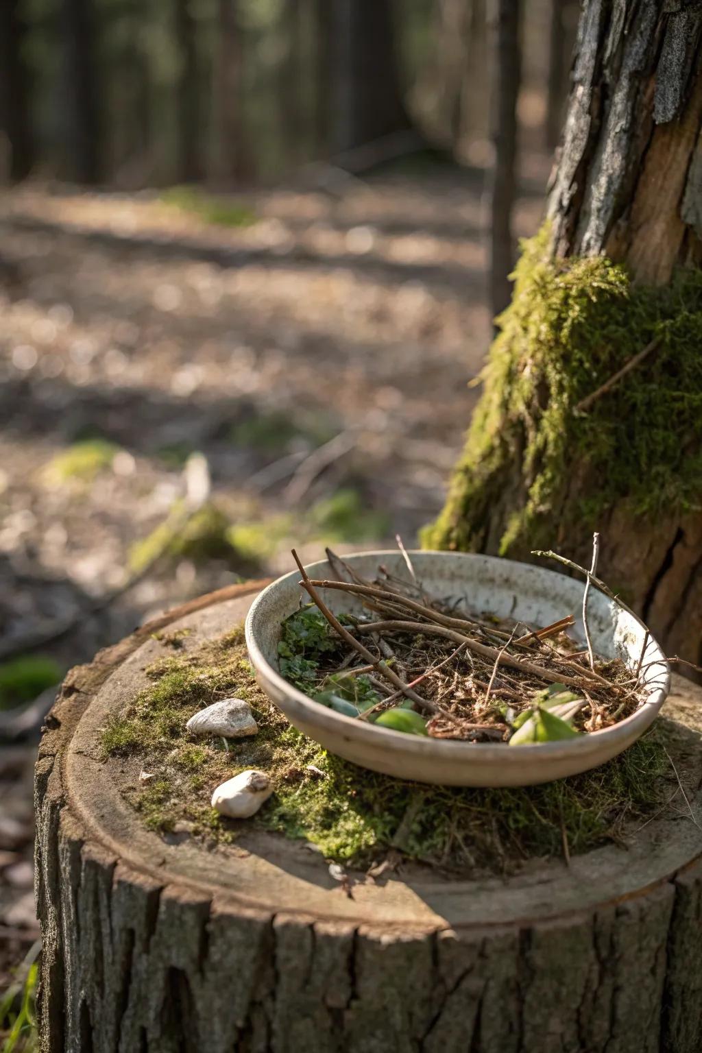 A rustic woodland bee bath that integrates naturally into the garden.