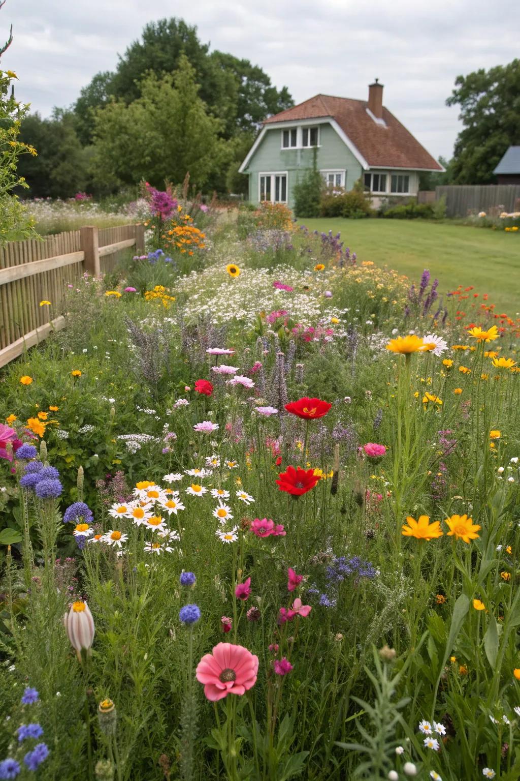 A colorful wildflower meadow buzzing with life.