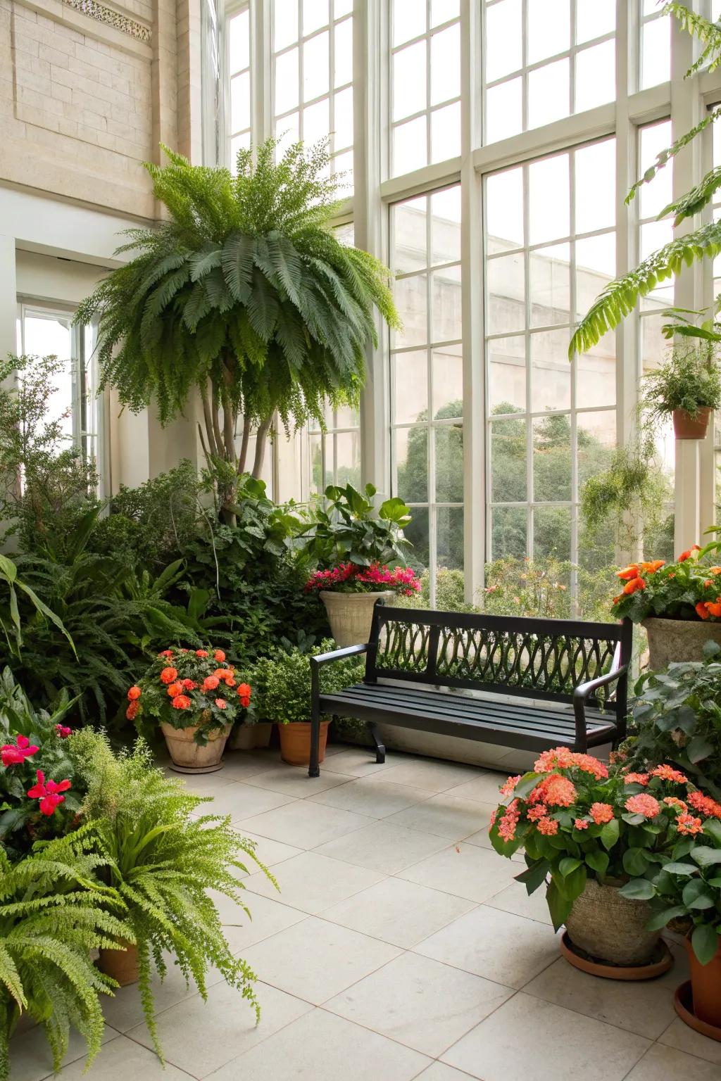 Potted plants add a natural touch to this bench setup.