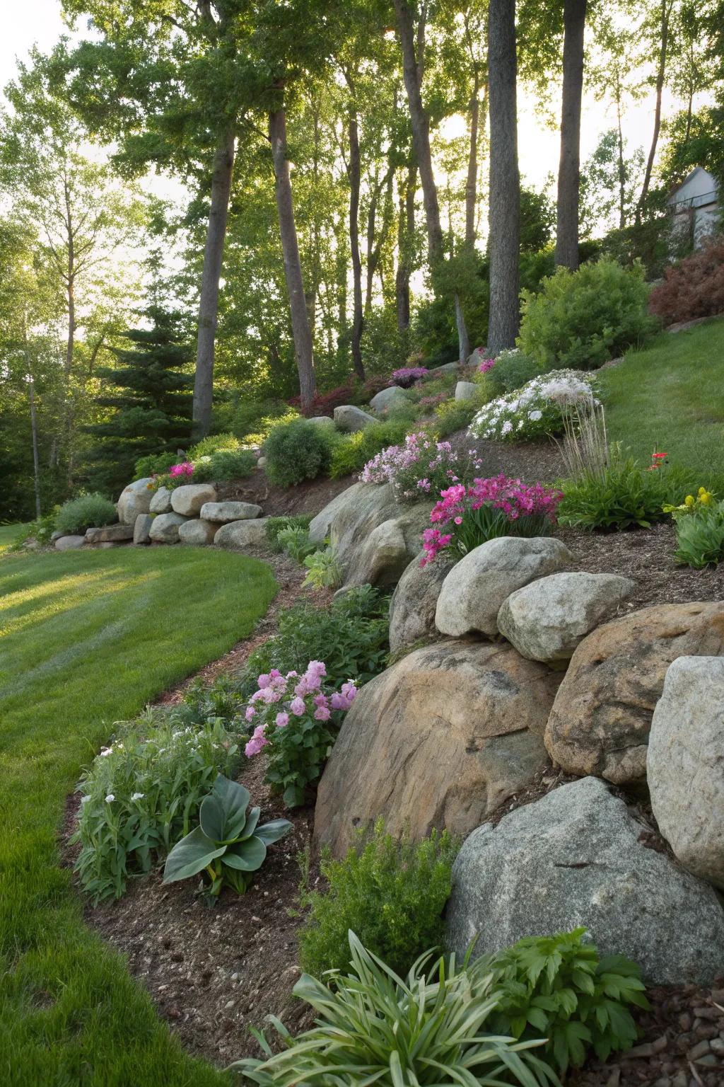 Rocks and boulders adding natural charm to a garden berm.